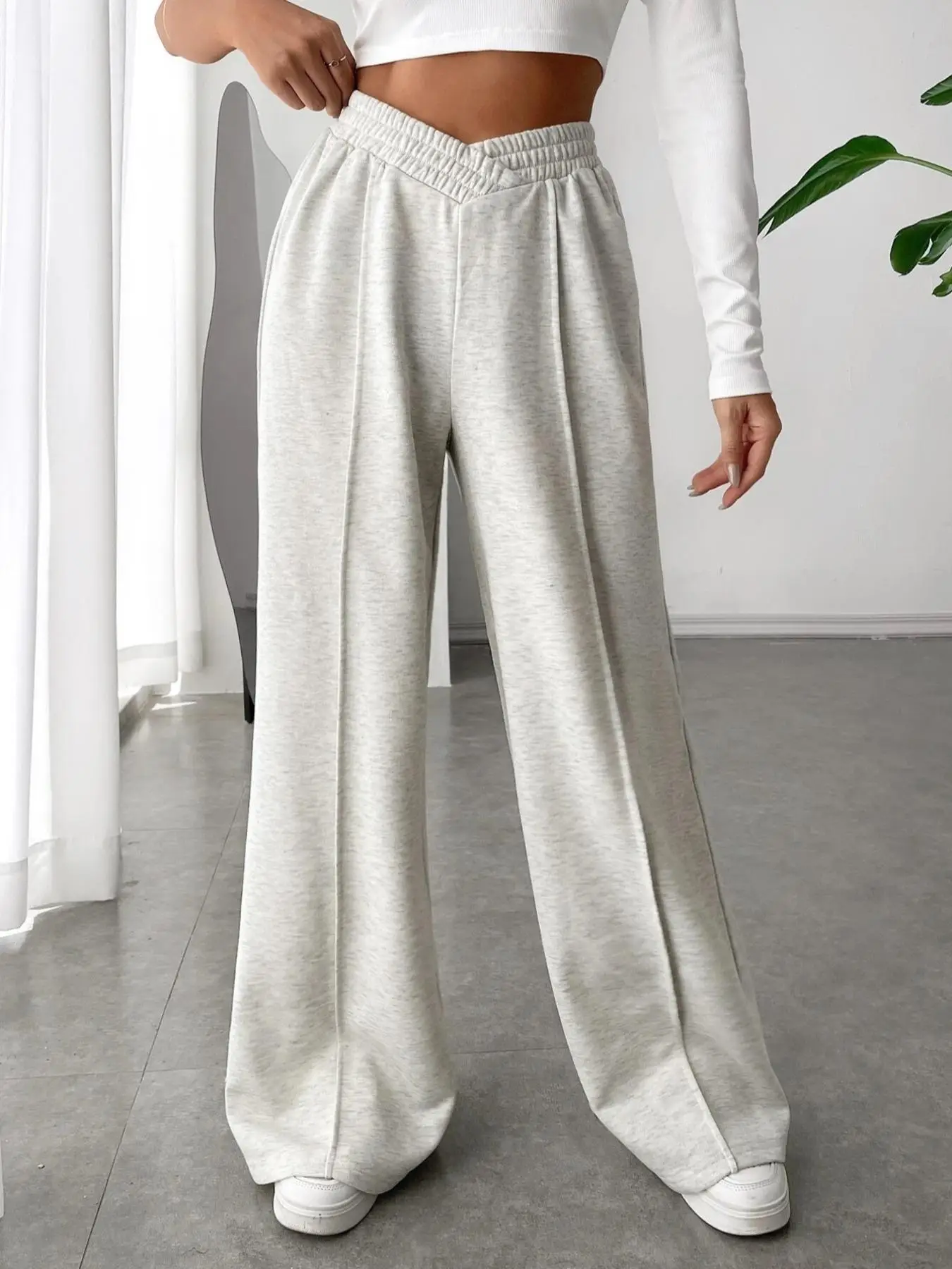 Women's Plain Asymmetrical Elastic Waist Thin Wide Leg Sweatpants, Casual Comfy High Waist Pants for Daily Wear, Ladies' Bottoms for Fall, Baggy Pants