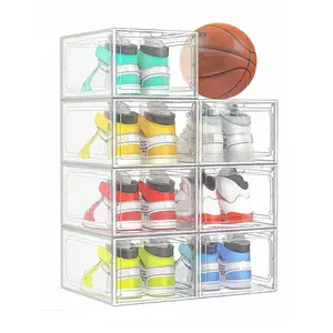 3 Packs XX-Large Shoe Storage Boxes Clear Plastic Stackable, Shoe Organizer For Closet, Shoe Display Containers Rack For Sneaker, Drop Front Shoe Case With Magnetic Door Fit Up To US Size 12