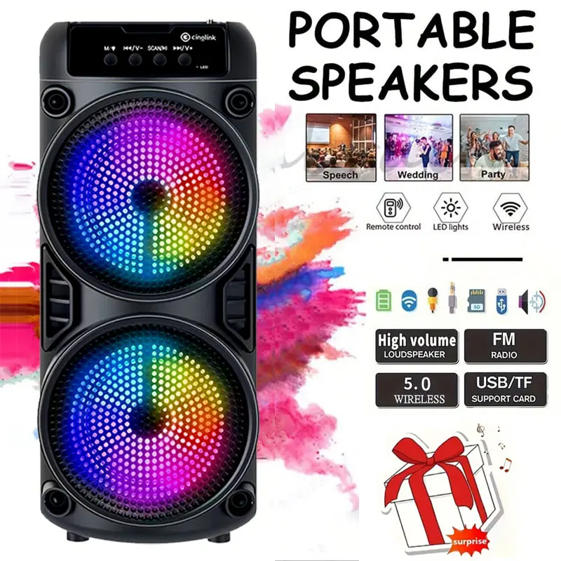 Portable Wireless Speaker with Colorful Light Effects Powerful Bass Speaker Type-C Charging Supports USB, FM, TF Card Button Controls Ideal for Outdoor Camping, Karaoke, Family Gatherings, and Stage Lighting Effects Microphone Not Included