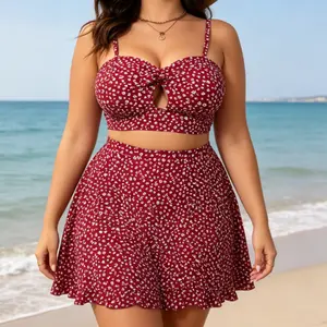 Plus Size Red Ditsy Floral 3 Piece Bikini Set with Ruffled Swim Skirt, Front Bow Cutout Spaghetti Strap Bikini Top & High Waist Matching Bottoms Vintage small floral curve flattering three piece swim set for summer seaside travel Summer Vibes