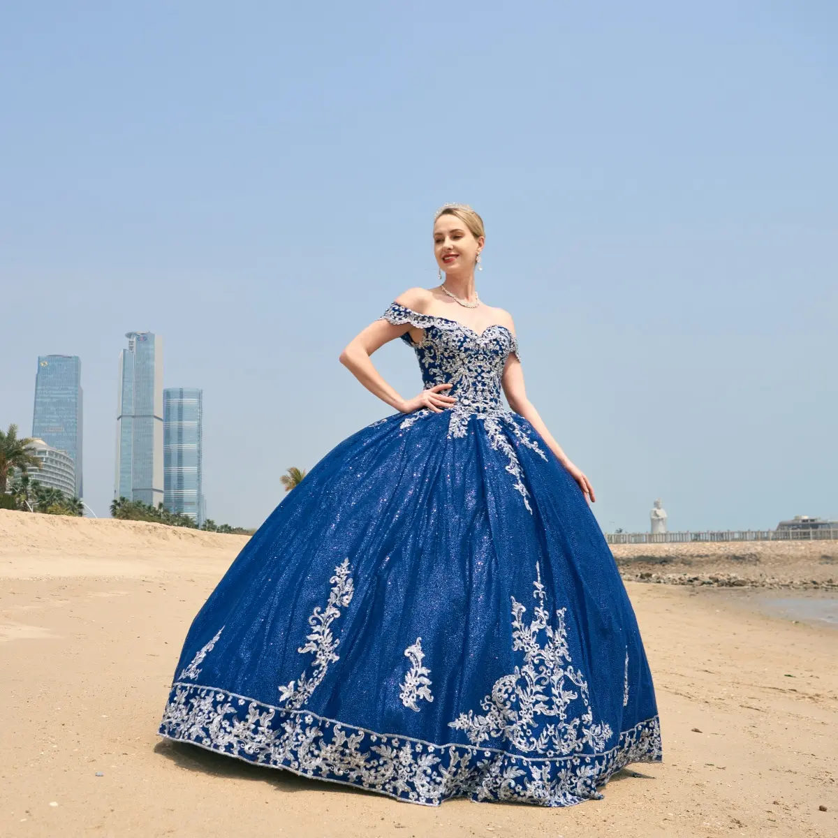 NO.35 Off-Shoulder Sparkle Tulle Formal Dress Party Gown with Metallic Embroidery for Sweet 15, Princess Aesthetic, Fluffy, Glam Style, Flowy Airy Party Dresses, Light Tulle, Shiny Decorations, Cold Shoulder Sleeve, Fold-Over Detailing Party Dresses