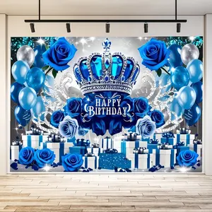 1pc Festive Blue and White Royal Birthday Celebration Party Supplies - Gorgeous Blue Treasure Crown Band Glitter, Blue Roses, Gift Box, Balloons, Stars and Glitter Decorations - Royal Joy Themed Birthday Gift and Party Background Banner