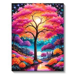 Pink Moon Tree Diamond Painting Scenery Diamond Inlay Cross Stitch Set Full Round Rhinestone DIY Home Decoration Canvas High Clear Oil Painting Waterproof Even Texture Perfect Decor Gift