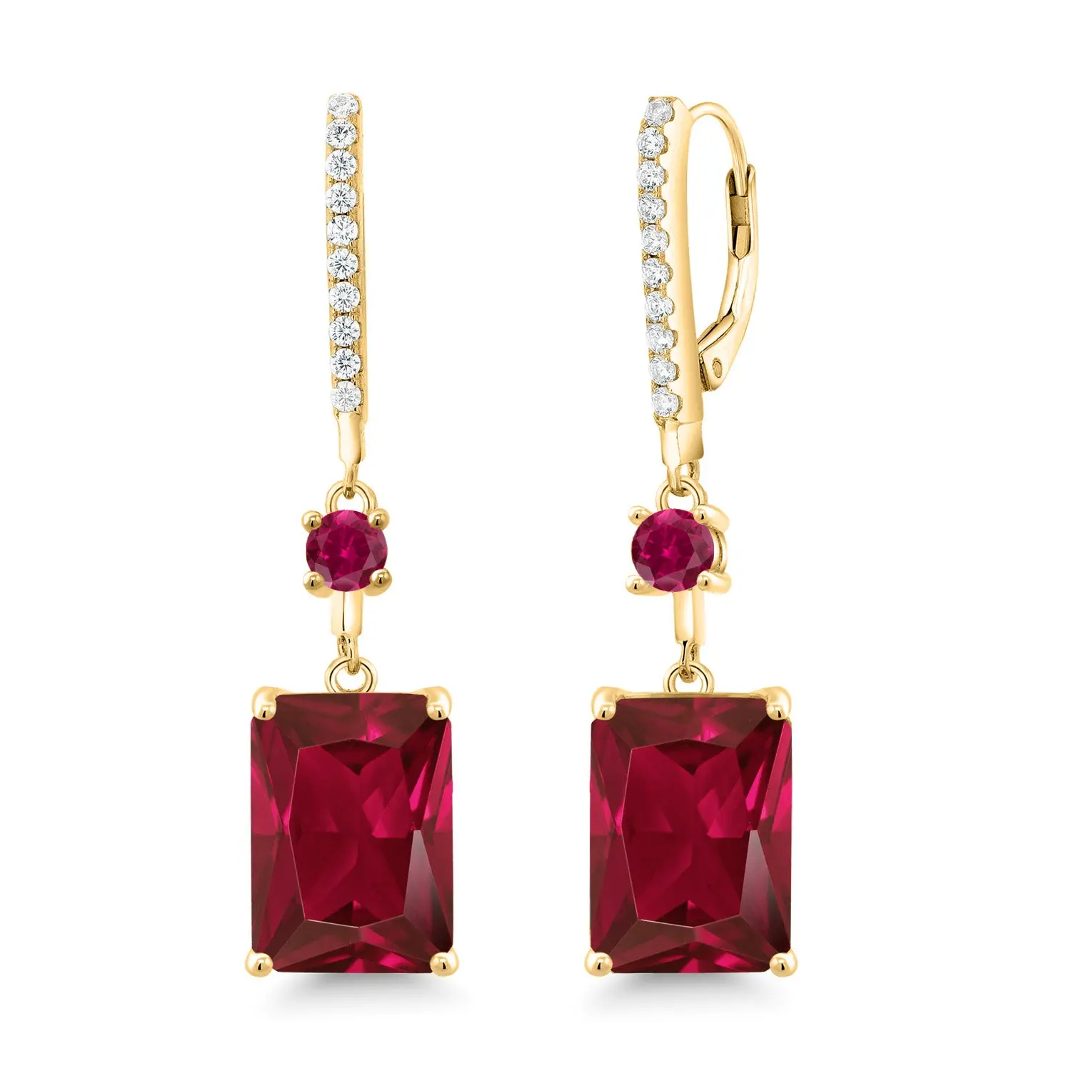 GEM STONE KING Women's 925 Sterling Silver 18K Yellow Gold-Plated Droplet Dangle Statement Earrings - 10.80 Cttw 14x10mm Emerald-Cut Red Created Rubies, Modern Luxurious Statement Piece for Women's Anniversary Wear