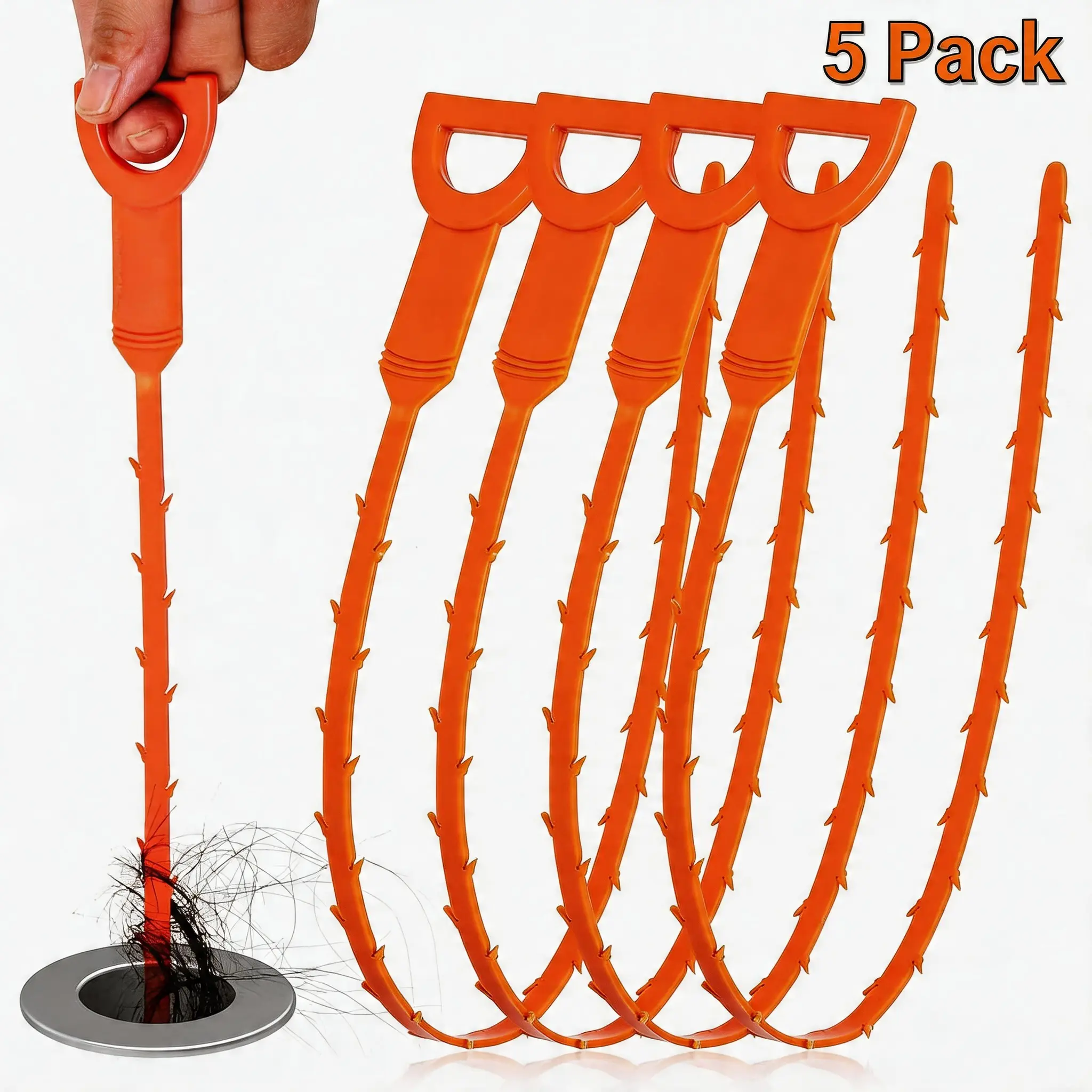 5-Pack 20 In Barbed Reusable Drain Snake Clog Remover - 5-Pack Value Flexible Plumbing Tool with Grab Handle, Easy Control, Durable for Bathroom Sinks, Showers, Lifts Stubborn Hair Clogs (5pack for Drains)