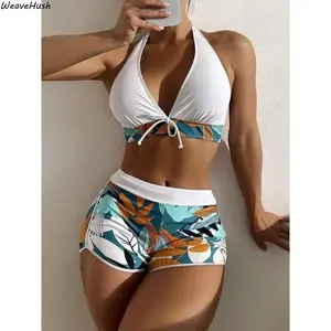 Women’s Tropical Print Tie Front Tankini Set – Two-Piece Halter Swim Top & Shorts for Summer Beach & Vacation Drawstring Bathing Suits
