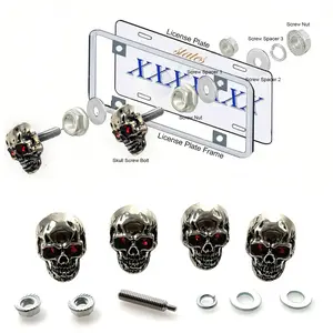 4-Piece Red Eye Skull License Plate Fasteners, Metal Skull Decoration, Ruby Accent, Anti-Theft, Car License Plate, Owner Gift, Car Accessories