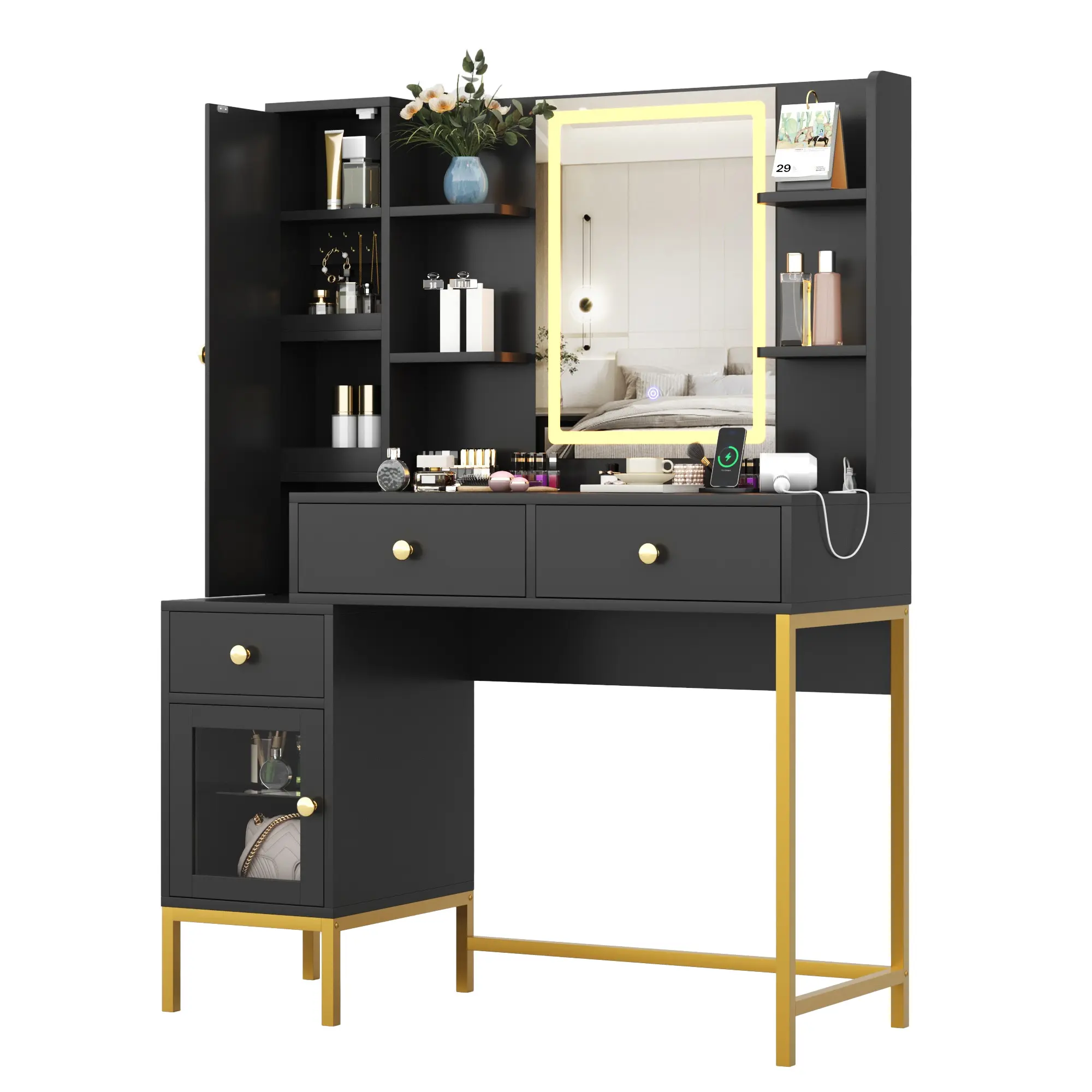 Gaomon Stylish MDF Wood Dressing Table - Indoor Furniture Makeup Vanity Desk with 3-Color LED Lights, Built-In Charging Station, 3 Drawers, Three Drawers