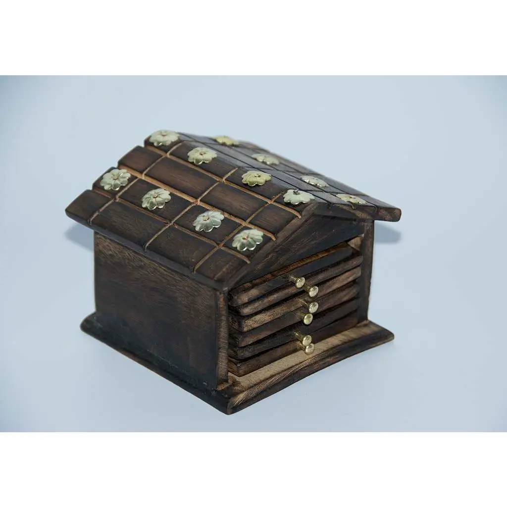 Handcrafted Wooden Square Coasters With Hut Holder (6 - Pack)