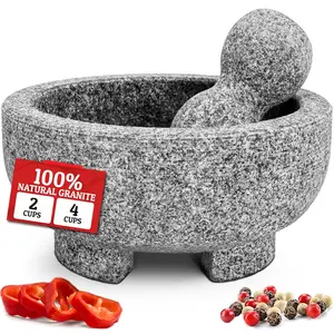 Granite Mortar and Pestle Set - 6.1 Inch  Stone Molcajete Mexicano for Spices, Seasonings, Pastes - Pestle and Mortar Bowl for Fresh Guacamole, Salsa, Pesto, Small, Grey