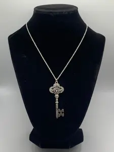 Silver Rhinestone Key Pendant Necklace, Unisex Necklace