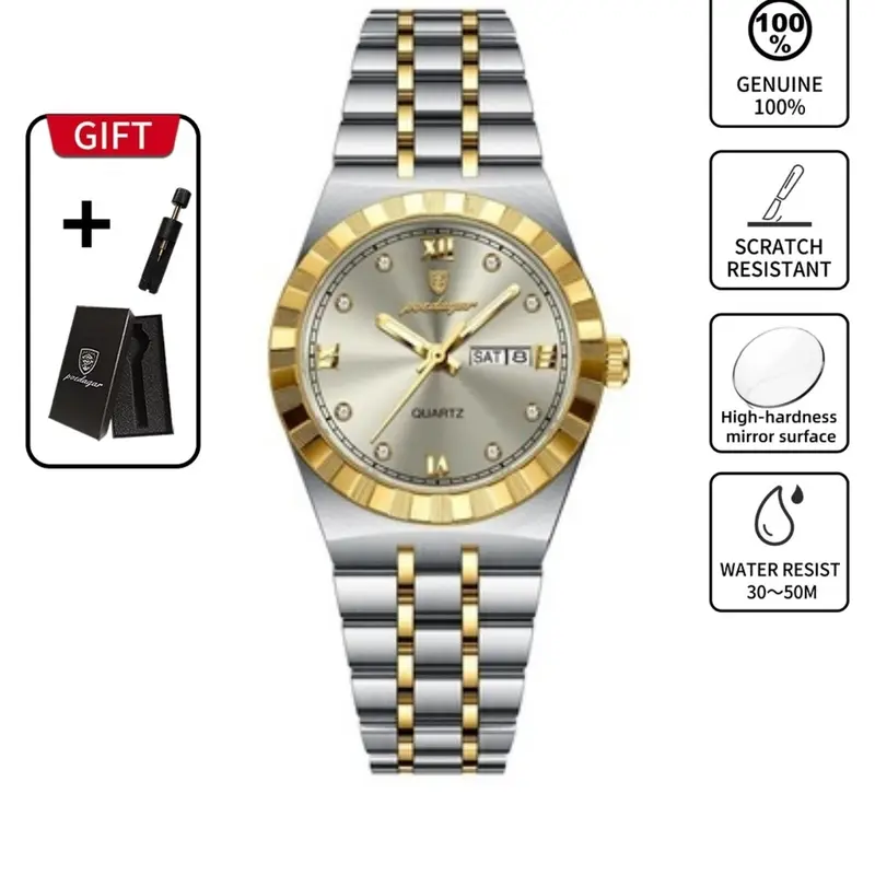 Poedagar Luxury Original Women's Clock Waterproof Night Light Week Date Women's Watch Stainless Steel Women's Quartz Watch Waterproof Analog Wristwatches