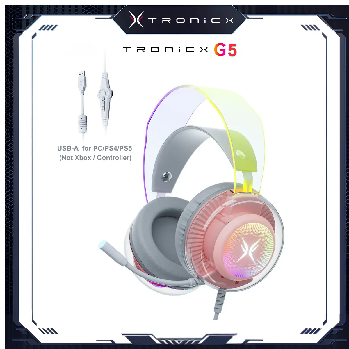 [Summer Vibes] TAGRY TRONICX G5 Wired Gaming Headset with 50mm Driver, ENC Microphone, USB Headset with 7.1 Surround Sound, Control Box for PS5/Switch in Dock Mode (Not Compatible with Xbox or Controller)