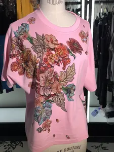 TCH—Light Luxury，Unisex Outfit, New Arrival Rhinestone Design Flower Pink Tshirt Shortsleeve Top western outfits shirts women Womenswear Summer Streetwear Round Neck
