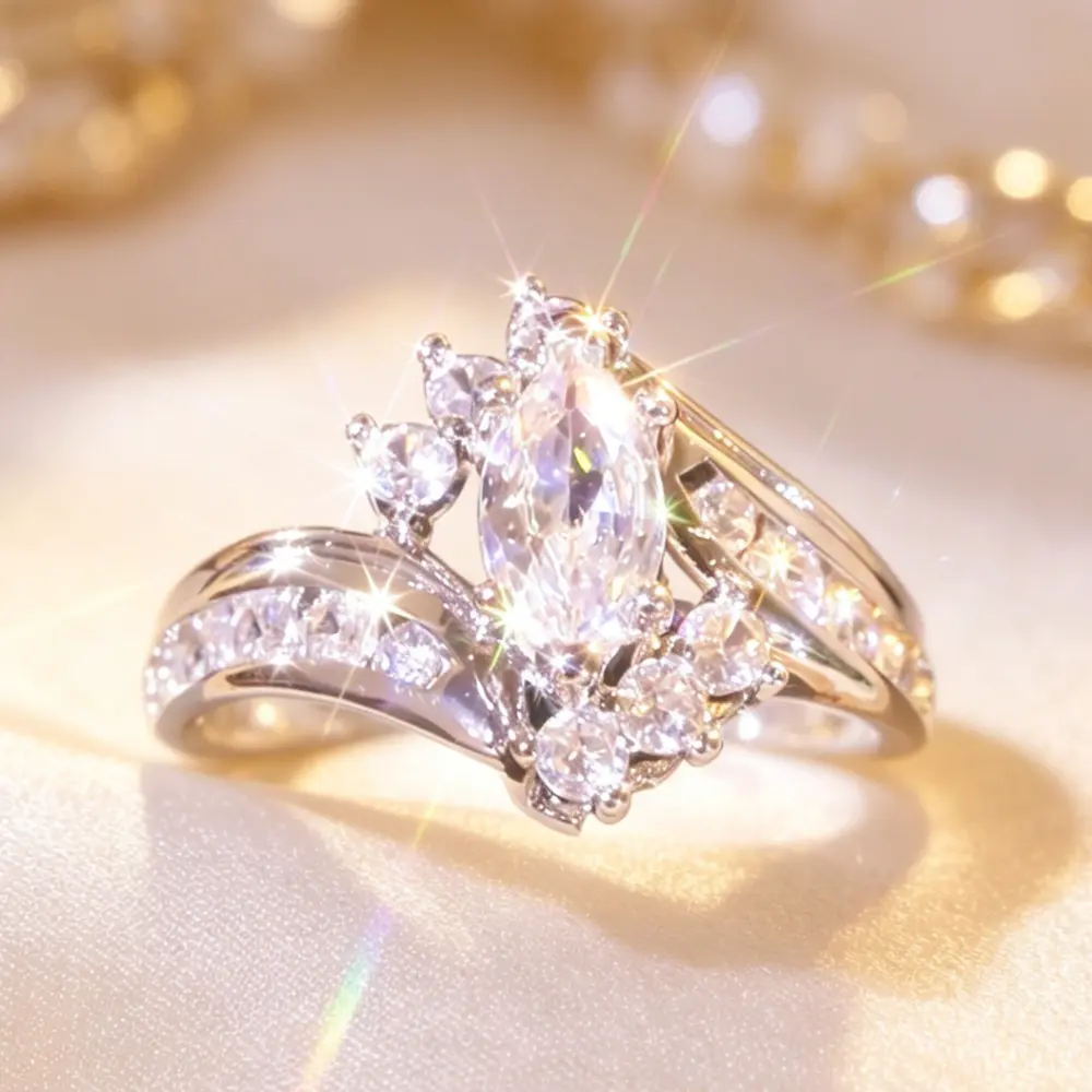 Unisex Elegant Marquise Cut Halo Promise Ring - White-Tone Plated Metal, Split Shank with Side Stones, Plain Stackable Band, Ideal for Engagement & Daily Wear, Statement, Heart, Hypoallergenic & Skin-Friendly Construction, Lab Created