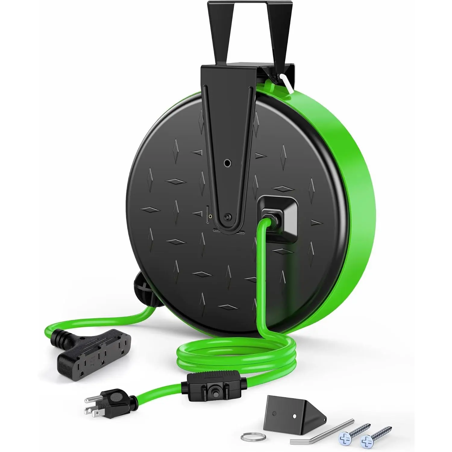 PowerTech 30FT Retractable Extension Cord Reel 16/3 Gauge SJTW 3 Outlets 10A Circuit Breaker Metal Plate UL Listed Green for Garage Workshop