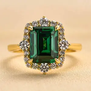 RODIFFY 3.0Ct Green Stone Rectangle Cut Engagement Women Ring ,5A Cubic Zirconia 925 Sterling Silver Wedding Ring