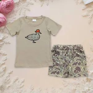 Baby Boy 2-Piece Embroidery Duck Camo Outfit - Top with Pockets, Shorts, Hunting & Casual Wear Shirt Set