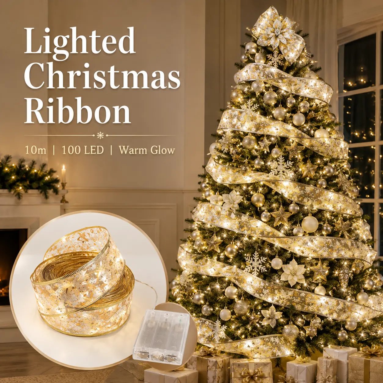 10M 100 LED Christmas Ribbon Lights - Double Layer Mesh Fabric Glowing Tree Decor, Snowflake Design Warm Light Garland for Home Holiday Decorations, Flexible Wire