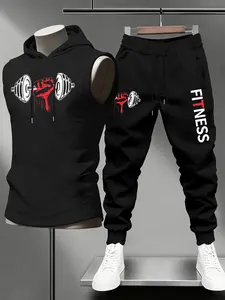 Men's Fitness Set Hooded Sleeveless Cami & Sweatpants, Training Running Casual Sportswear, Stylish Workout for Gym & Run