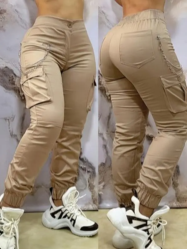 Women’s high-waisted cargo pants in beige, non-stretch fabric with zippered pockets; suitable for both casual and formal wear in spring, summer, and autumn; durable material; solid color design.