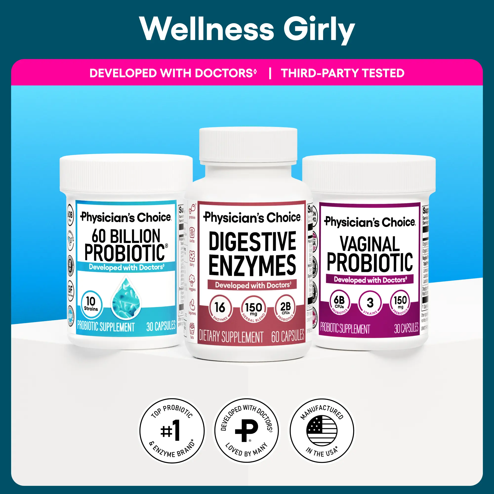 Physician's Choice Wellness Girly Stack: Feminine, Bloating & Gut Health Support with Vaginal Probiotic + 60 Billion Probiotic + Digestive Enzymes Physician's Choice Wellness Girly Stack: Feminine, Bloating & Gut Health Support with Vaginal Probiotic + 60 Billion Probiotic + Digestive Enzymes