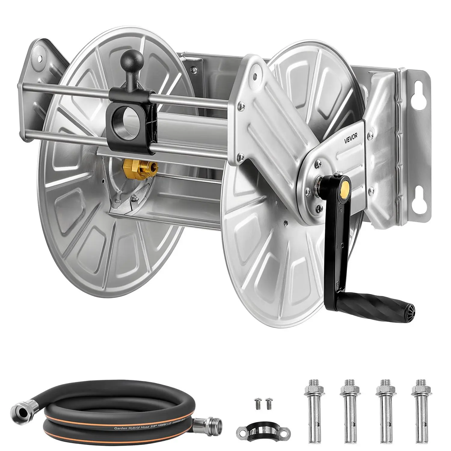 【summerfinds】VEVOR Wall Mounted Garden Hose Reel, Holds 150 ft 5/8-inch Water Hose Winder, Heavy-Duty Stainless Steel, Outdoor Manual Reel with Brass Fitting & Hose Guide, Space Saving, for Yard Lawn Garage