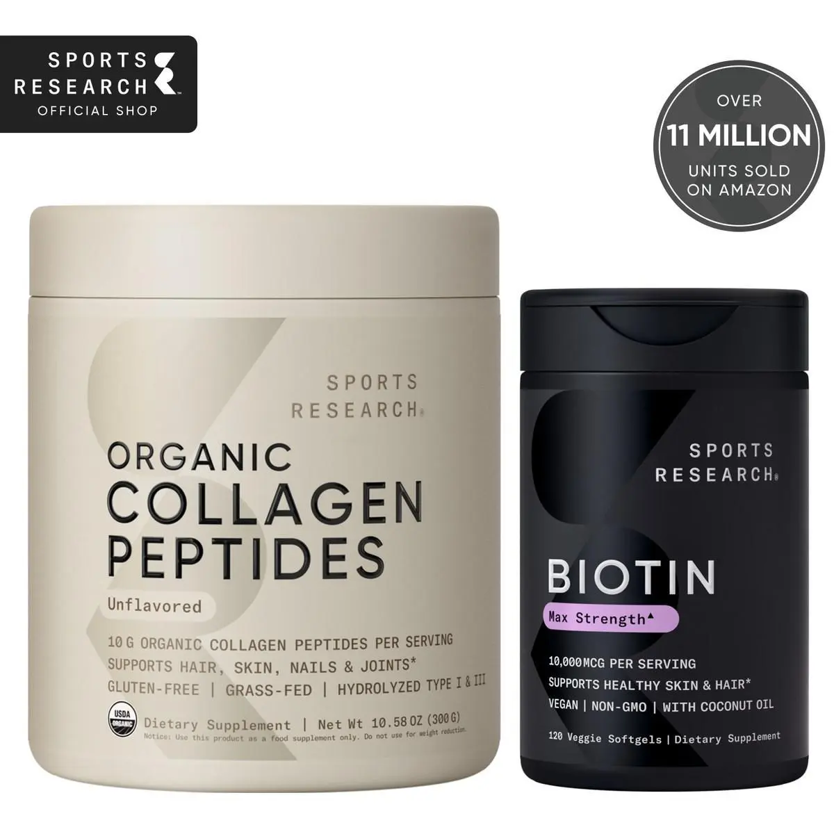 Hair, Skin & Nails Bundle - Featuring: Biotin 10,000mcg (120 veggie softgels) & Collagen Peptides Organic Unflavored (30 servings)