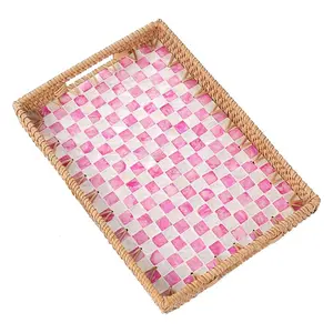 Rectangle Rattan Tray with Mother of Pearl Inlay, Rattan Serving Tray with Handle for Coffee, Bread, Fruits, Decorative Wicker Tray for Table Decor