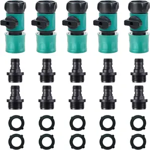Hose Shut Off Valve - Garden Hose Connectors, 5 count Hose Quick Connector with Valve + 10 count Rubber Washers + 10 count Male Adapter, Standard 3/4" Thread