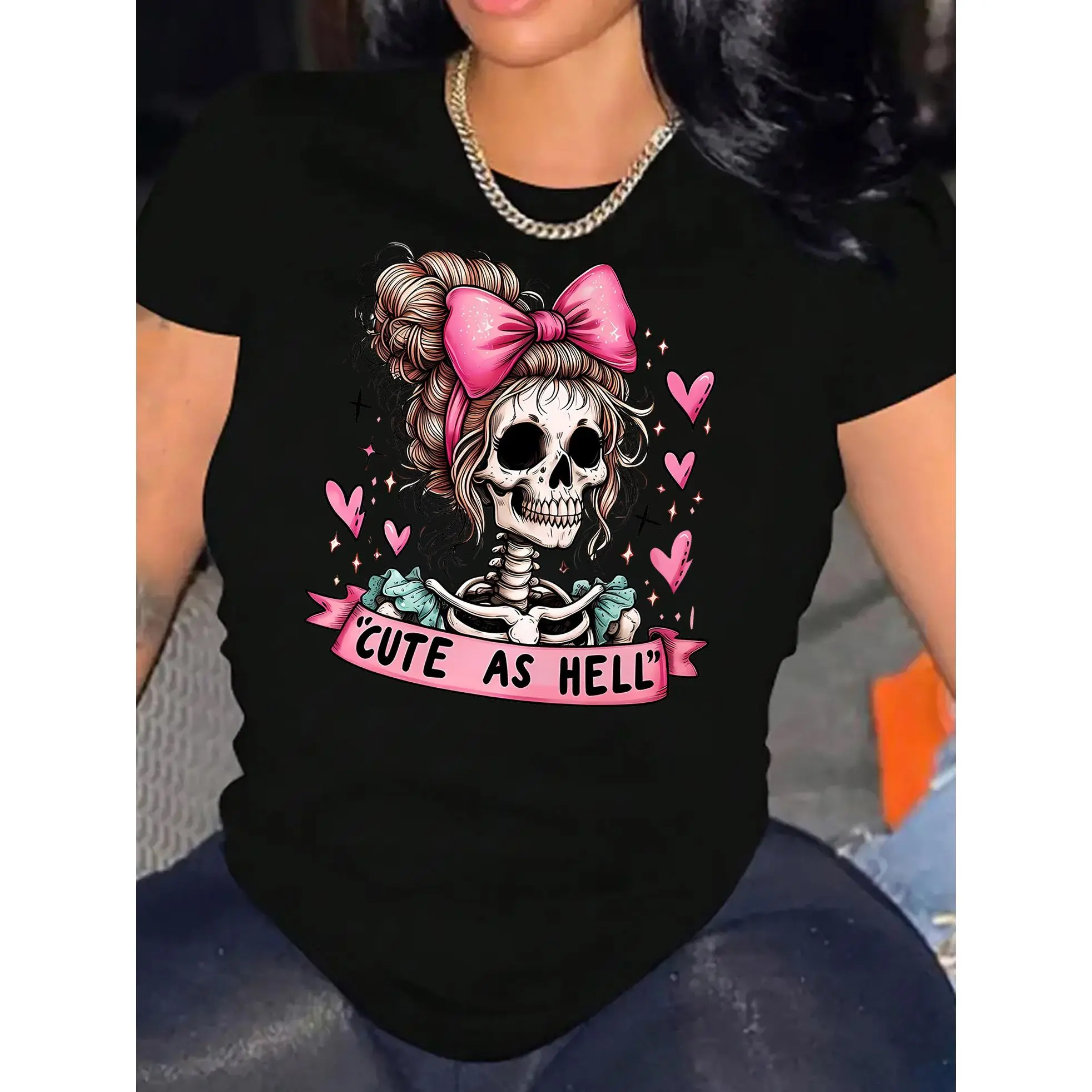 Women's Loose-Fit Stretch Knit Graphic T-Shirt - Short Sleeve Round Neck Polyester-Elastane Fabric Top with Pink Heart, Bow, Skull, Geometric Prints for Casual OOTD, All-Season Minimalist Baggy Top