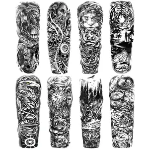 8 Large Lion Tiger Zeus Full Arm Temporary Tattoos, Waterproof Realistic Body Art Stickers, for Men and Women, Party and Daily Use