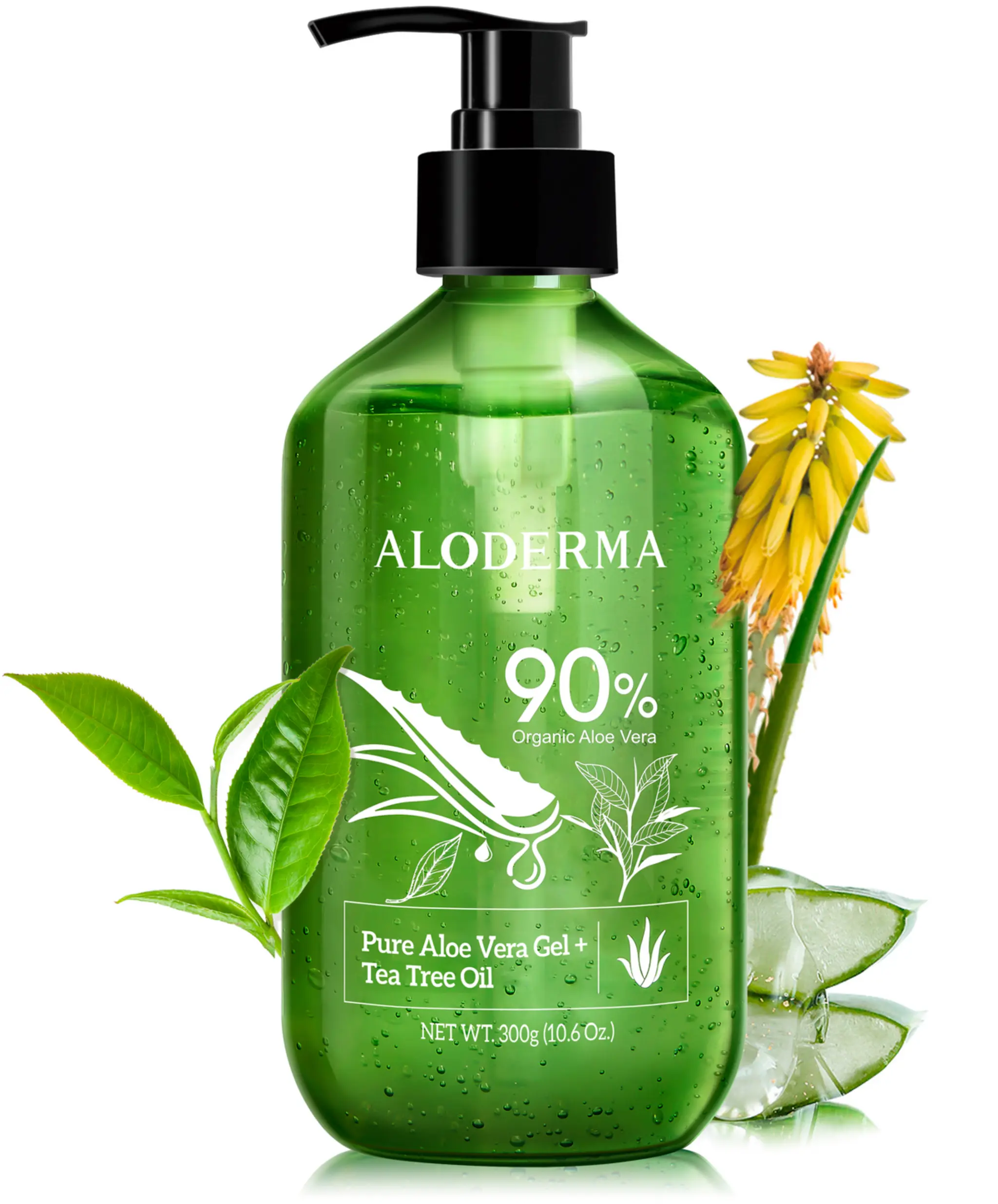 Aloderma Aloe Vera Gel with Tea Tree Oil - 90% Organic Aloe (Made Within 12 Hrs of Harvest), Gentle Vitamins-Infused, Hydrating, Repairing, Rejuvenating Skincare - 10.6Oz After Sun & Shaving Care, Moisturizer, Radiant, Soft Skin, Aloe Hydrating Moisturize