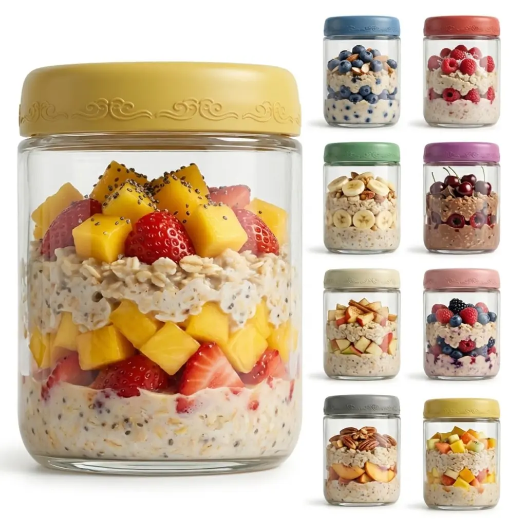 16oz 8Pack Glass Overnight Oats Jars Containers with Airtight Leakproof Lids, Reusable Mason Jars for Meal Prep, Yogurt Parfaits, Smoothies, Salads & Healthy Breakfast(16oz-8Pack)