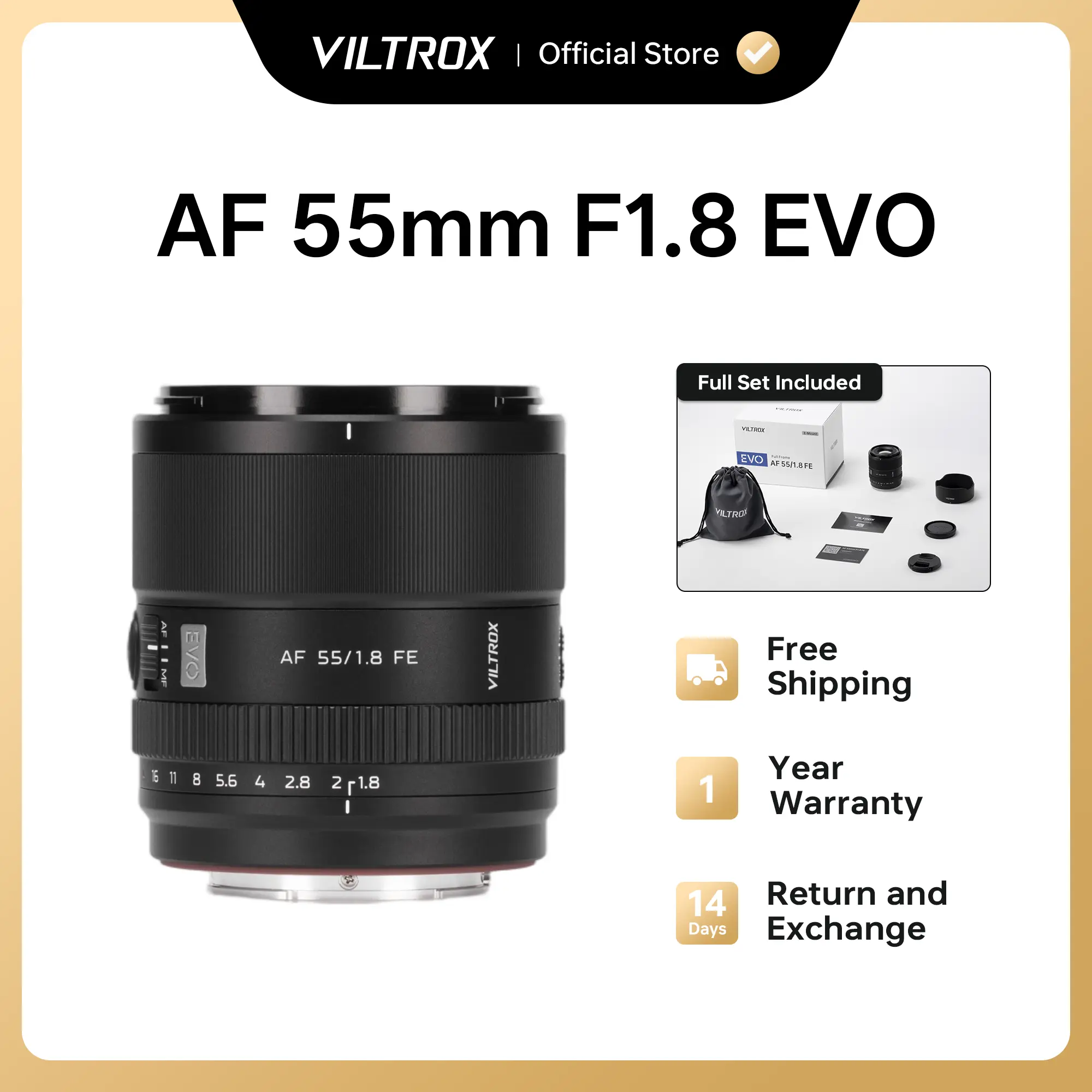 Viltrox Auto Focus 55mm F1.8 EVO FE (APO) Prime Telephoto Lens - APO Optical Design, 1.8f Aperture, Water Resistant Front Element Coating, 43° Field of View, 0.43m Min Focus Distance, 365g, for Street & Environmental Portraits