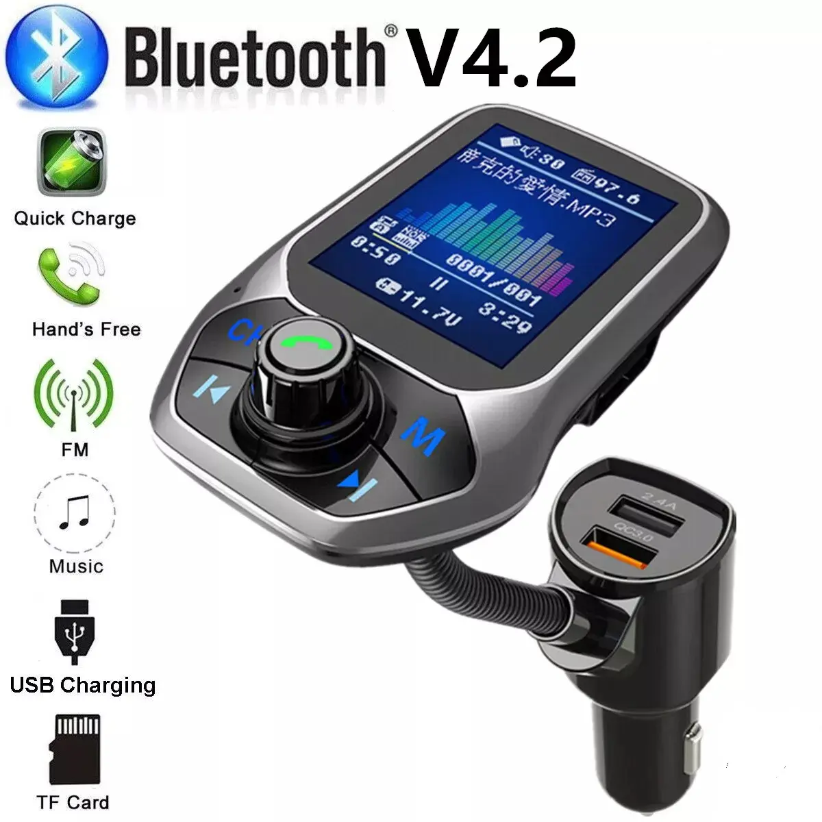 Bluetooth Car FM Transmitter MP3 Player Hands Free Radio Adapter Kit with USB Charger Quick Charge V4.2