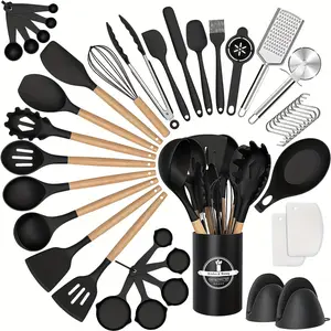 44-Piece Silicone Wooden Handle Cooking Spoons Set, Silicone Spatula Set, Non-Stick Kitchen Utensils, Heat Resistant Baking Tools, Durable & Easy Clean Design