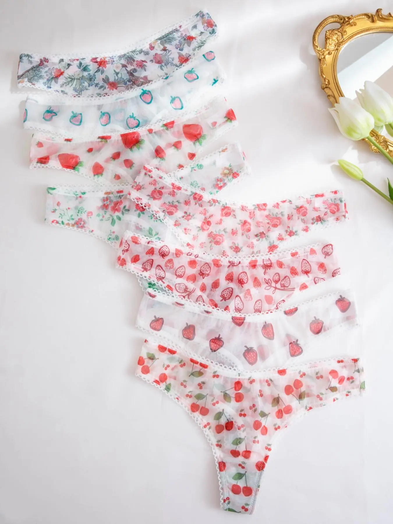 Women's Floral & Strawberry & Cherry Print Sheer Tulle Thongs, Cute Aesthetic Fitted Soft Lightweight Comfy Breathable Knicker for Daily Wear, Ladies Underwear for All Seasons, Panties, Womenswear, Soft Breathable Panty