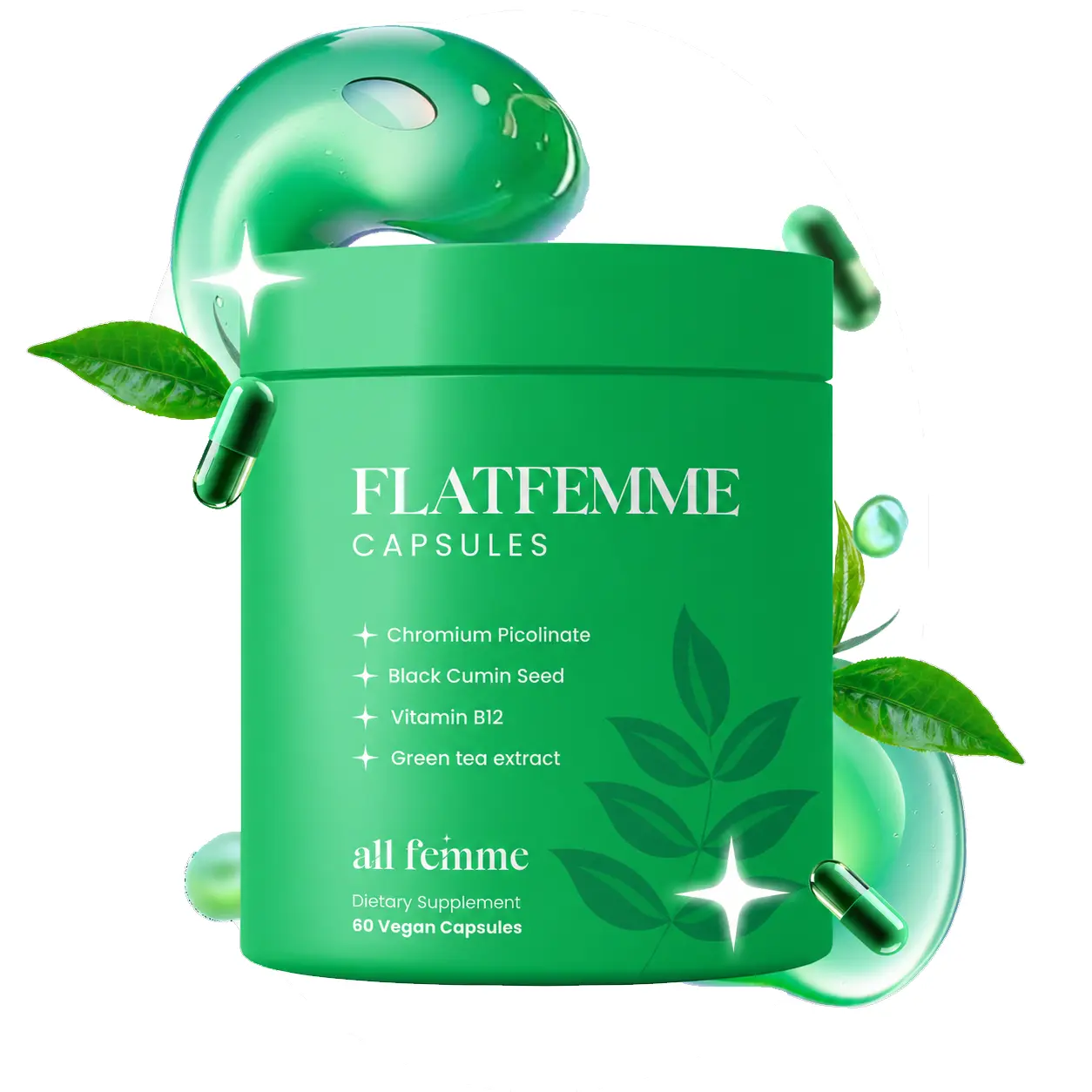 FLATFEMME Vegan Women’s Dietary Supplement, Chromium Picolinate, Black Cumin Seed, Vitamin B12 & Green Tea Extract, 60 Vegan Capsules