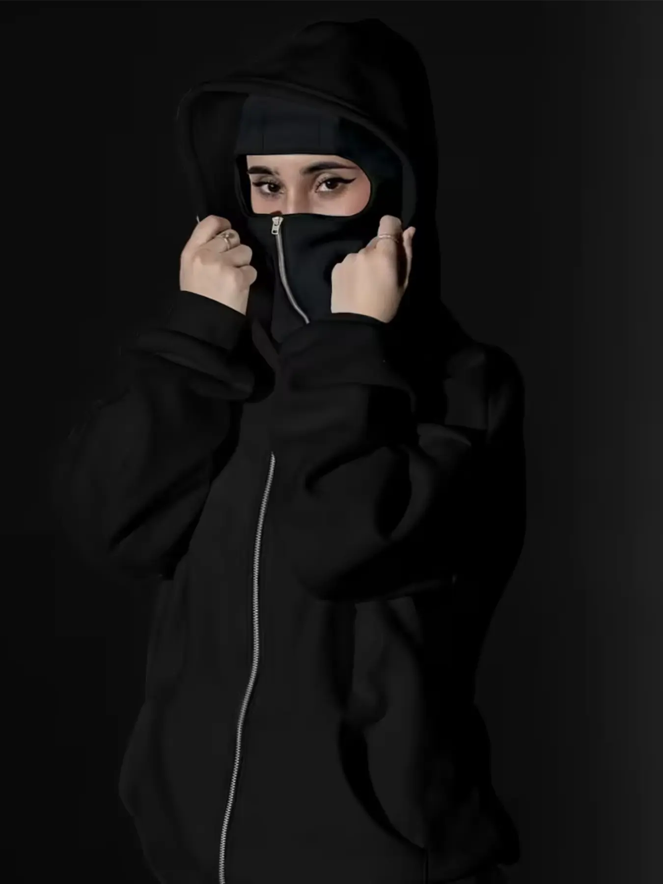 Stylish Women's Basic Double Hood Balaclava with Zipper, Ribbed Cuffs, Elastic Waistband, All-Season Hoodie
