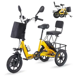 Electric Fold-Up Trike for Adults/Seniors – 500W Peak, 12.5 MPH, 3 Riding Modes, LCD Display, Front/Rear Baskets, Backrest & Phone Holder, 300 lb Capacity, Black/Yellow, Easy Assembly