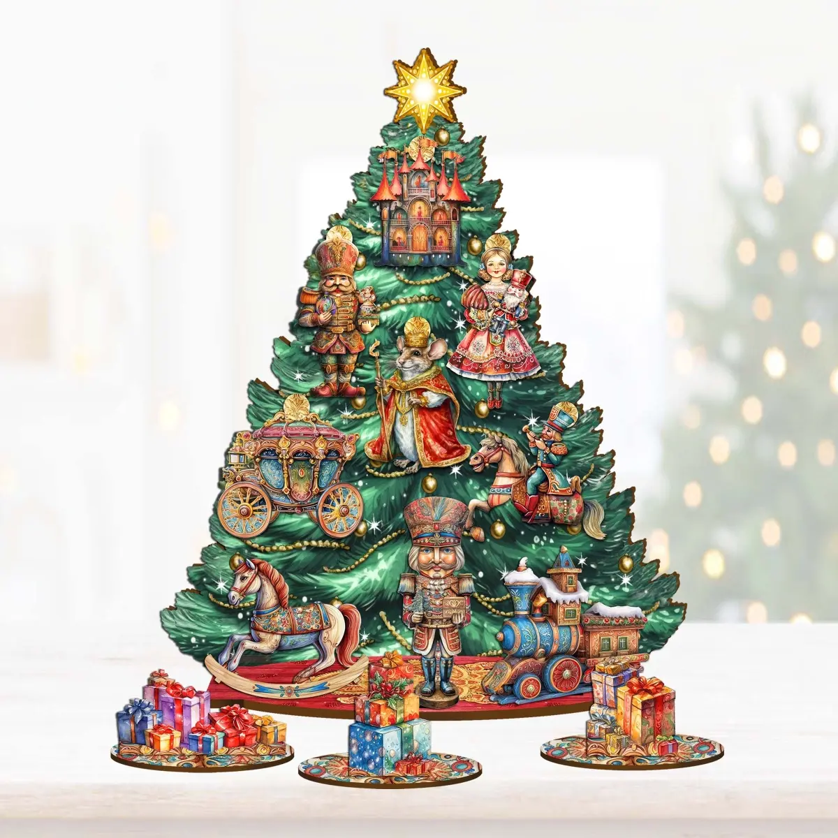 Designocracy 8091501 Magical Wooden Nutcracker Christmas Decoration (12.5 in.) - Home Supplies Tabletop Set with Tabletop Tree, Magical Scene Elements, Casual Christmas Decor Accessories & Toys
