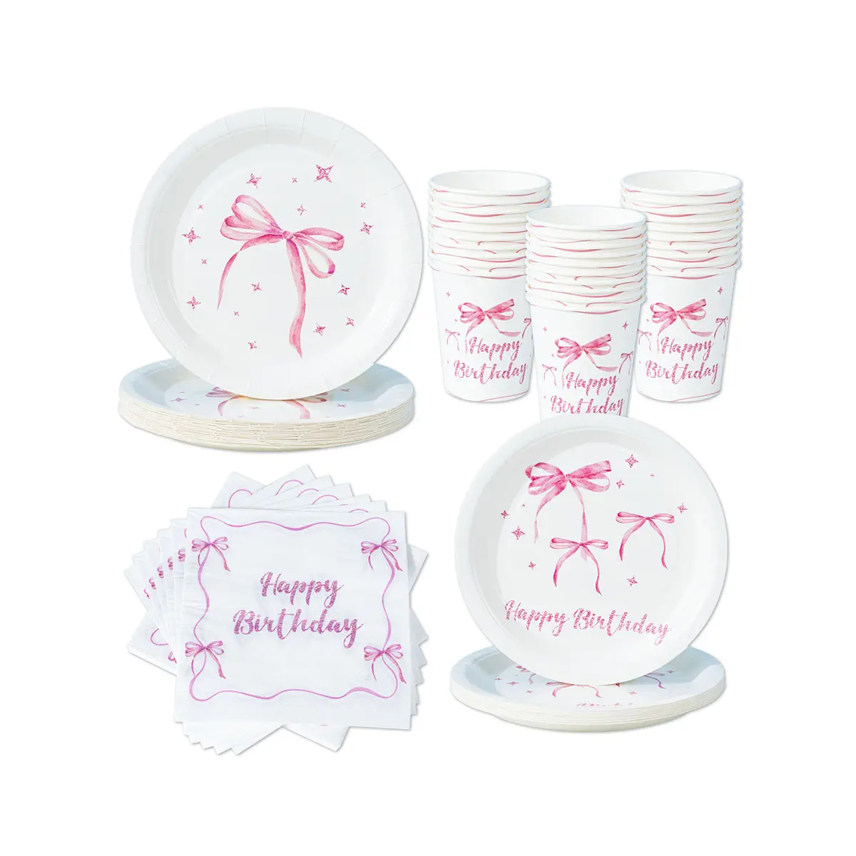 Birthday Party Supplies Set, Disposable Bowknot Design Plates Napkins Cups, 25/55/100pcs Paper Tableware Kit for Celebrations, Happy Birthday, Festive Touch