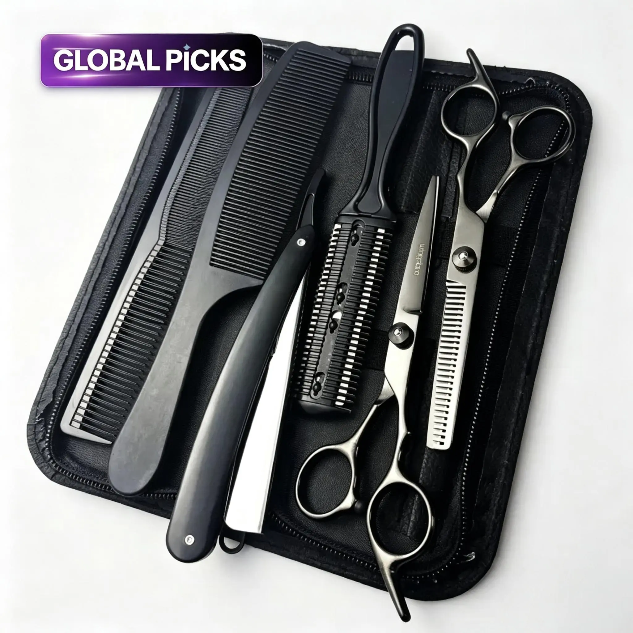 6pcs Professional Right-Hand Hair Cutting Scissors Set - Smooth, Daily Haircare Tools with Comb, Trimmer, Ergo Handle, Thinners, Ergonomic Design for Barbers