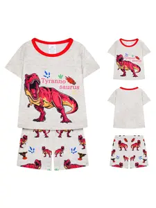 Boys' 2-Piece Round Neck Short Set Dinosaur Print, Casual Comfortable Fitted Pajamas, Elastic Waist, All Seasons Wear, Print Sleepwear