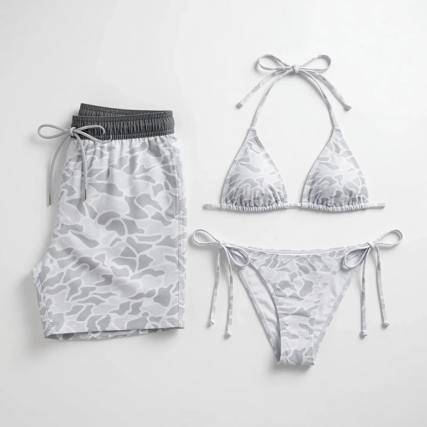 White Gray Camo Matching Couple Swimwear Set, String Bikini and Hawaiian Shorts, His and Hers Beach Vacation Outfit, Summer Pool Gift