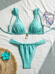 Coastal Fresh Bikini Set with Textured Pattern, Perfect for Tropical Vacations and Beach Photos, Slim-Fitting Casual Bikinis for All Seasons, String Bikini Set, Swimsuits Summer