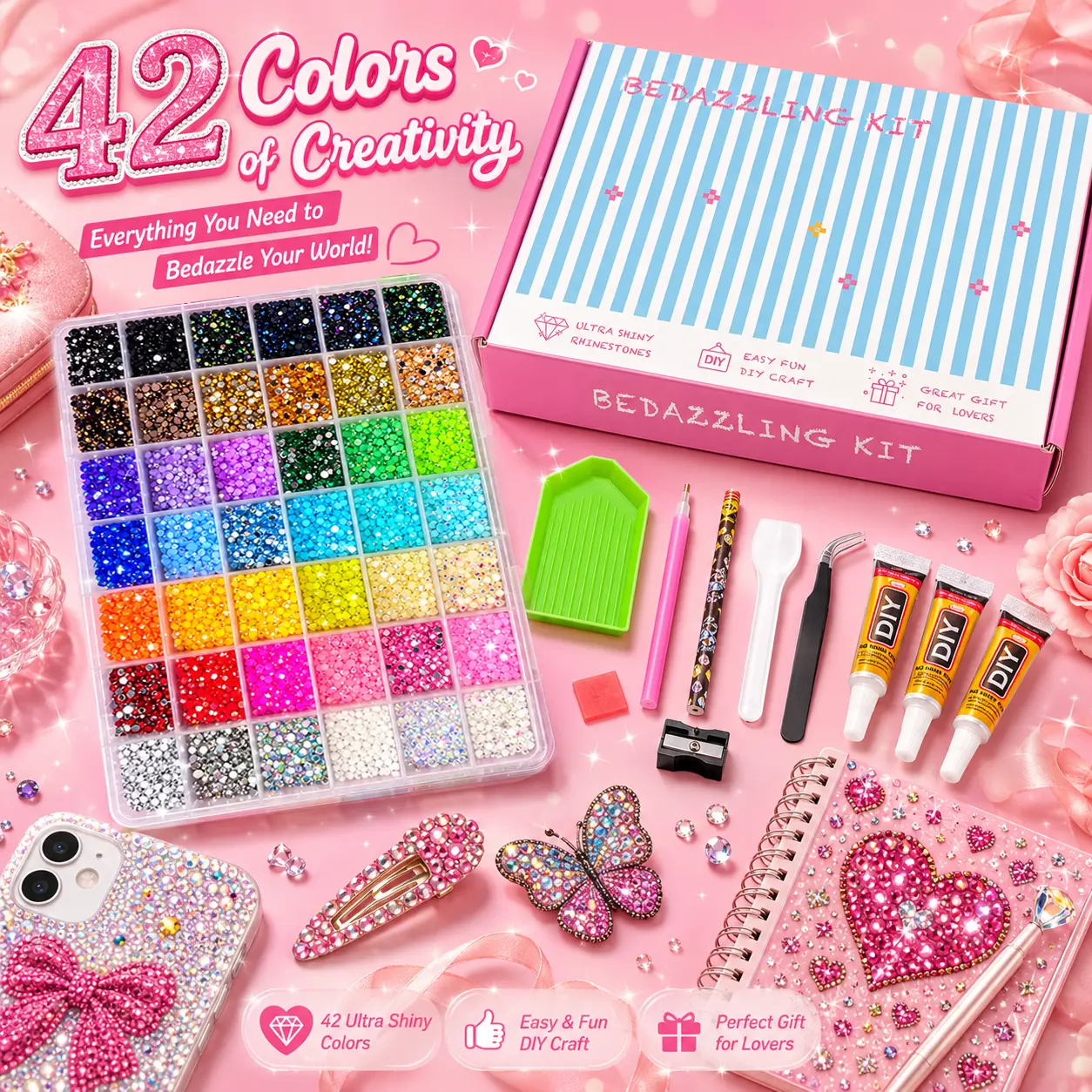 Glitter Rhinestone Bedazzling Kit - 42000Pcs 42Colors 3mm Round Resin Jelly Rhinestones, Nail Tech Supplies, Hobbies Kit Adults, DIY Crafts Accessory, Creative Gift for Her