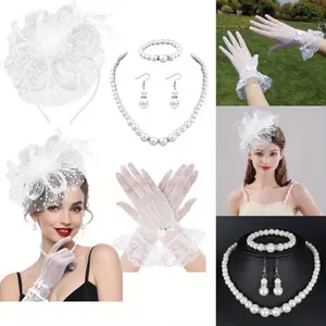 5PCS White Fascinator Hat Accessories Set for Women with Veil Mesh Headband, Beaded Jewelry Bowknot Gloves - Wedding, Bridal Shower, Tea Party Outfit, Birthday Costume - Complete Party Ensemble for Parties, Festivals