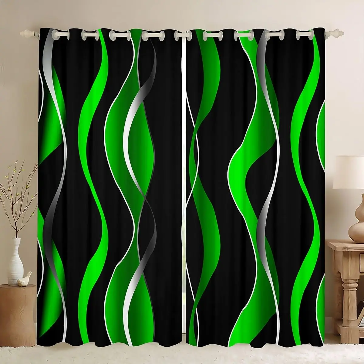 Feelyou 30-50% Blackout Green Stripe Home Decoration Curtain - Retro Swirl Line Art Darkening Textile Drapes, Geometric Pastel Gradient Privacy Grommet Room Decor Curtains, Privacy Grommet Curtains